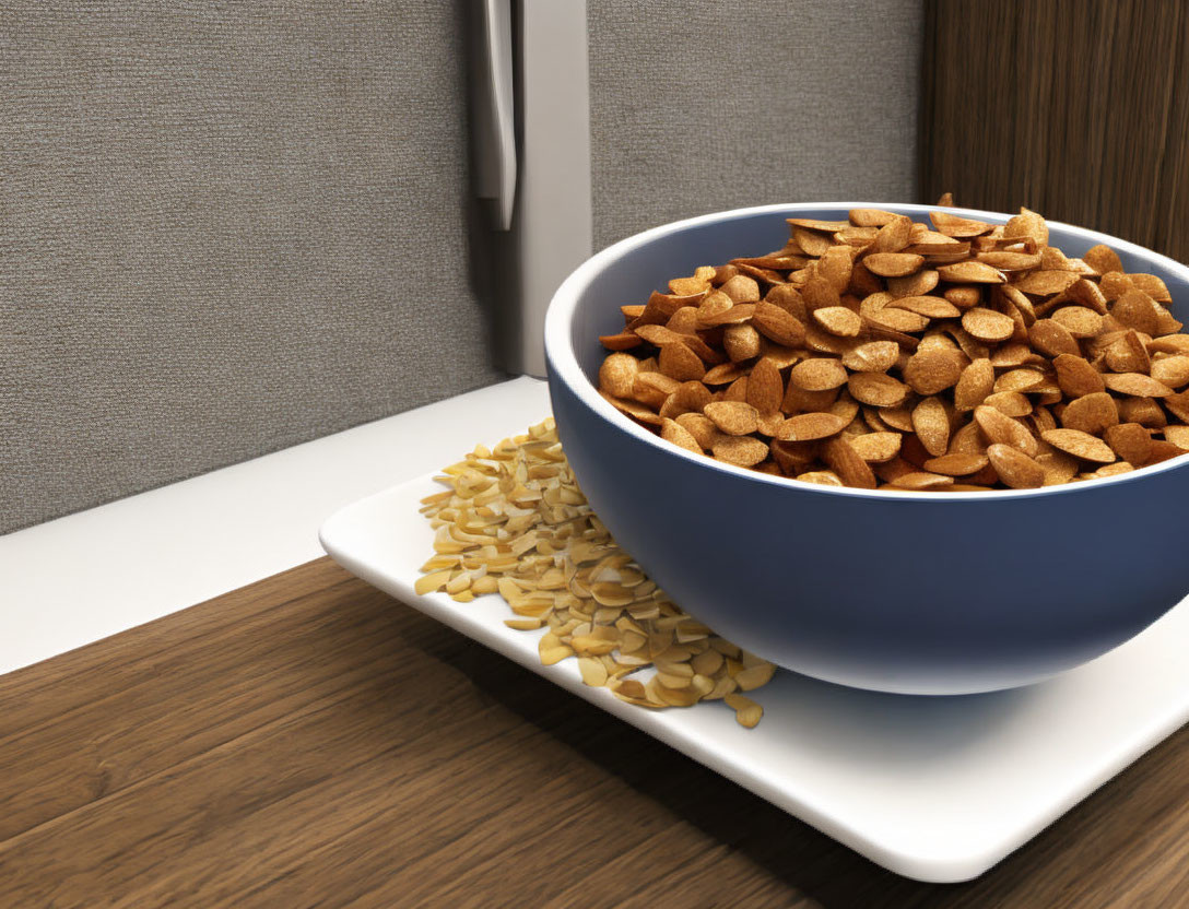 Blue bowl filled with corn chips on wooden countertop, some spilled chips