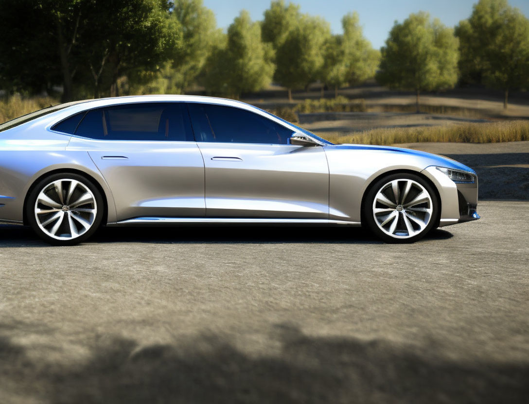 Modern Silver Sedan Parked on Sunlit Road with Trees