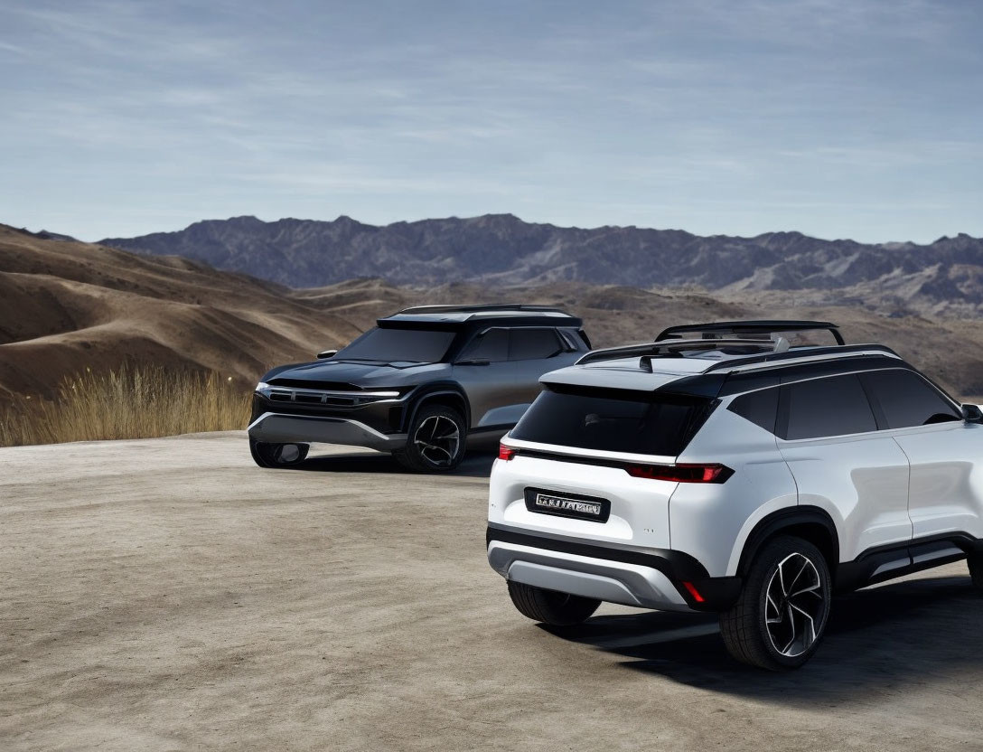 Modern SUVs parked on desert road with white and black vehicles facing rocky landscape under clear sky