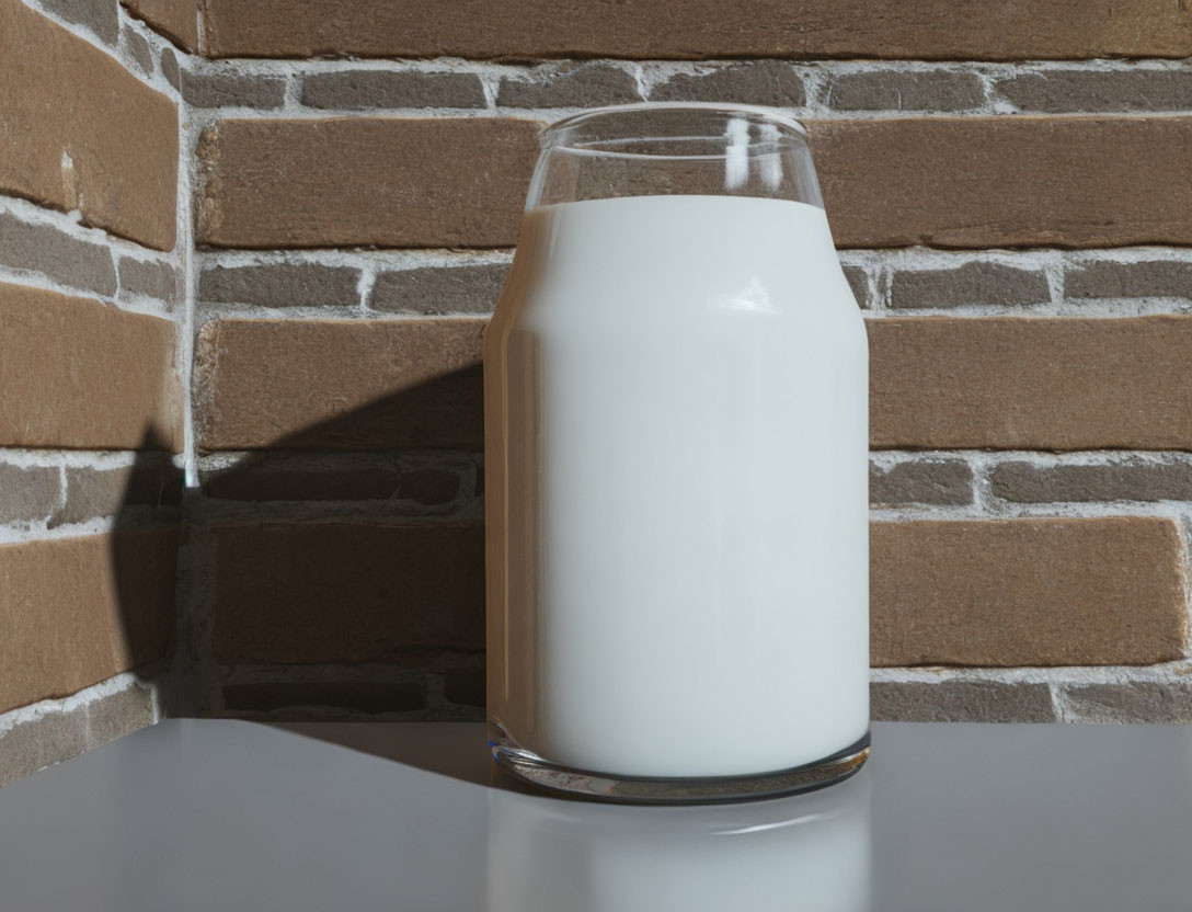 Glass of White Milk on Wooden Surface Against Brick Wall Background