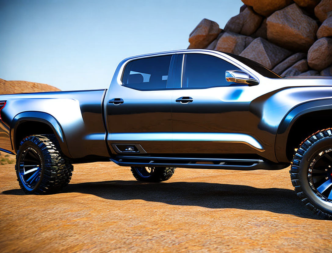 Silver Pickup Truck on Desert Terrain with Chrome Finishes & Off-Road Tires