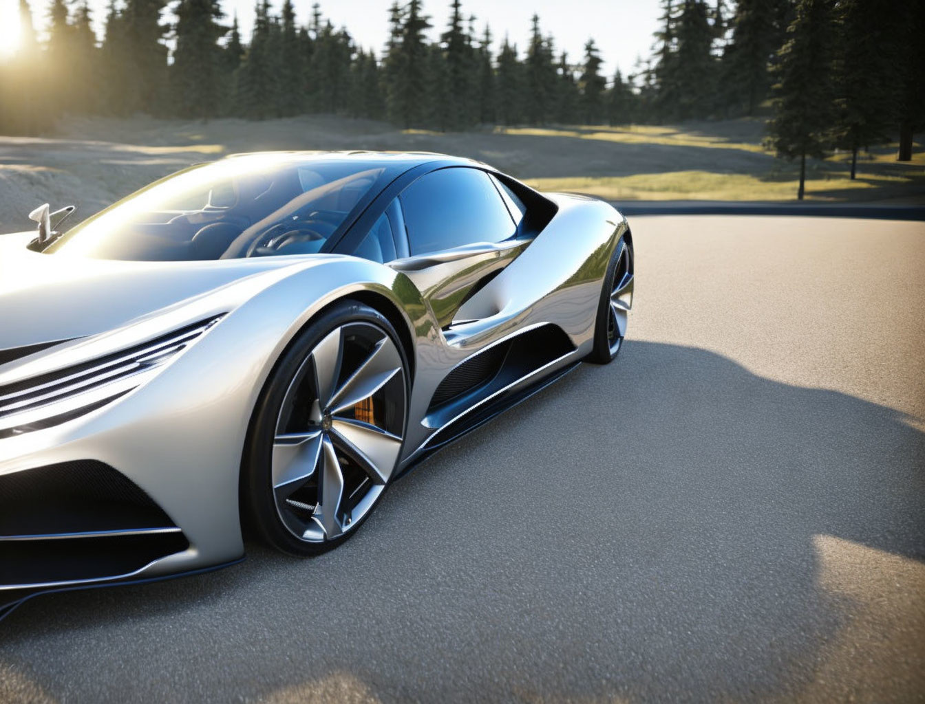 Silver Sports Car Parked on Asphalt Road Among Tall Pine Trees at Dusk