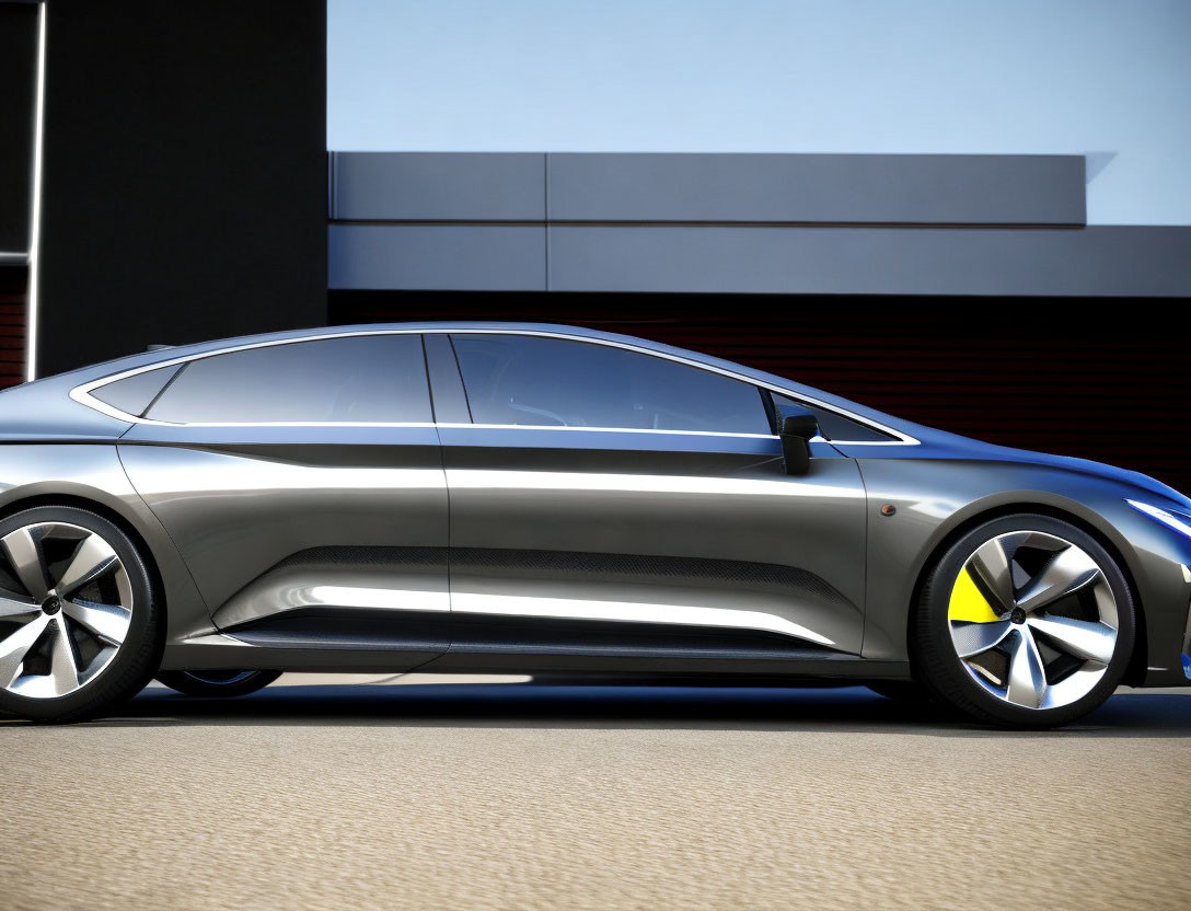 Futuristic silver car with yellow-accented wheel rims parked by modern building