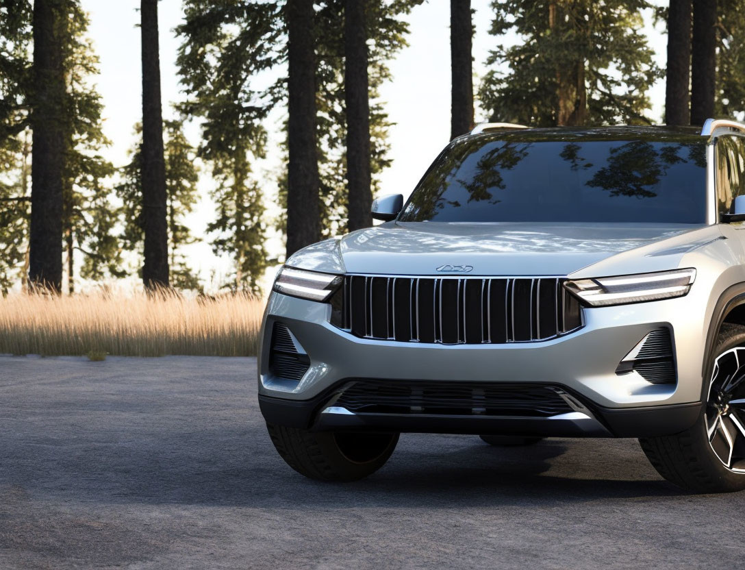 Modern SUV parked on forest road with sunlight highlighting grille