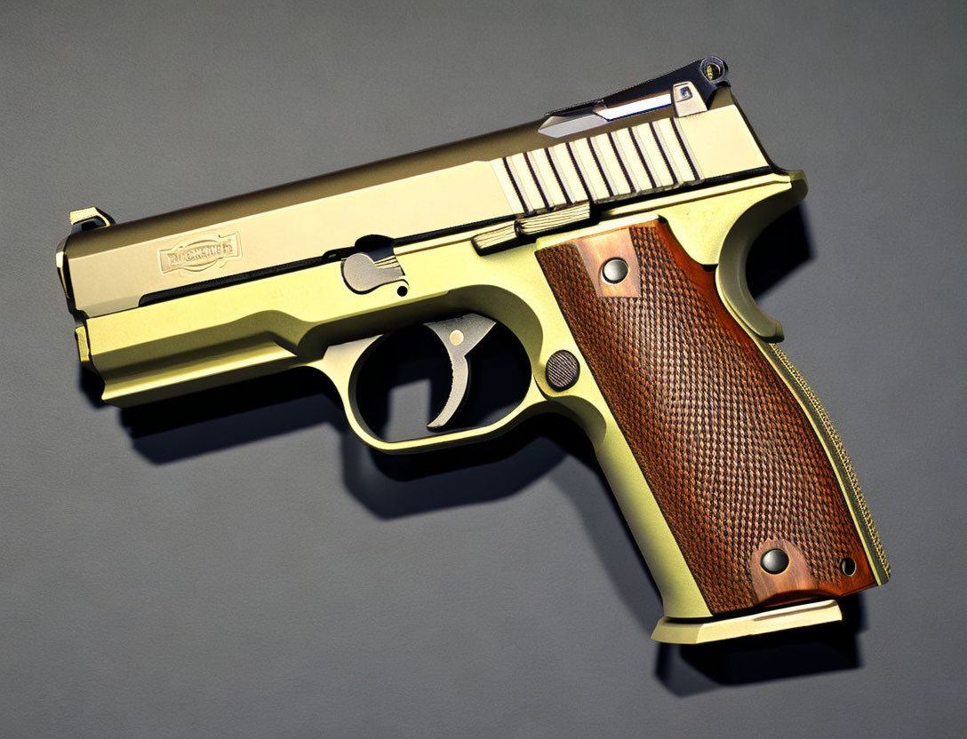 Gold-Tone Semi-Automatic Pistol with Wooden Grip Panels