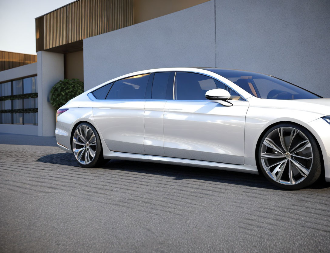 White Sedan with Stylish Rims Parked by Modern Building on Sunny Day