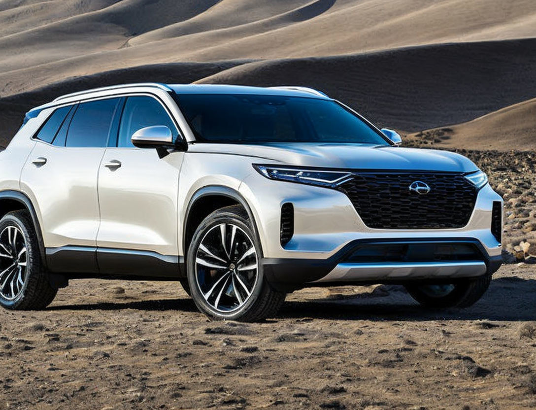 Modern White SUV Parked on Sandy Terrain with Sleek Design