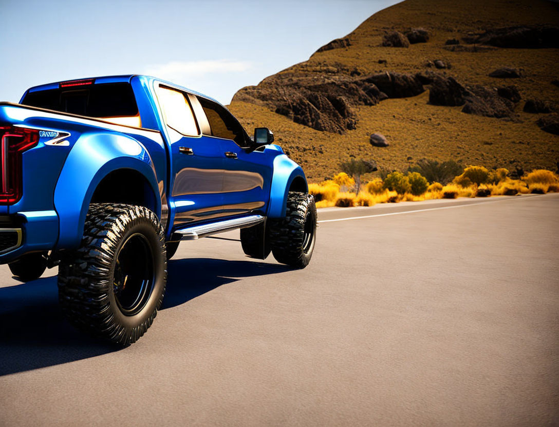 Blue Pickup Truck Driving on Rugged Road Amid Dry Grass and Hills