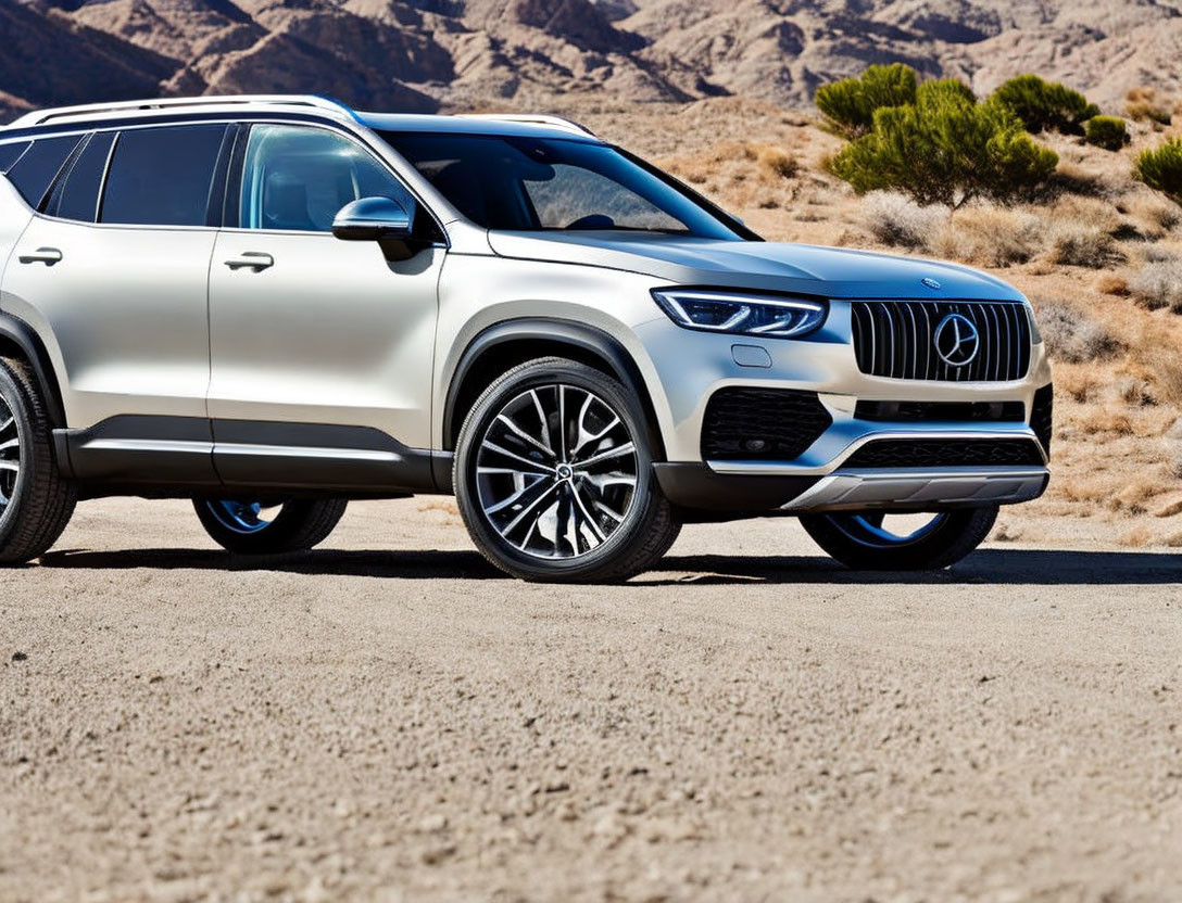 Luxury Silver SUV with Bold Grille Design in Desert Landscape