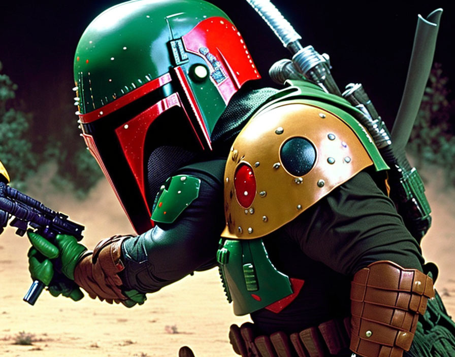 Character in Green and Red Helmet with T-Visor, Armored Gauntlets, Jetpack