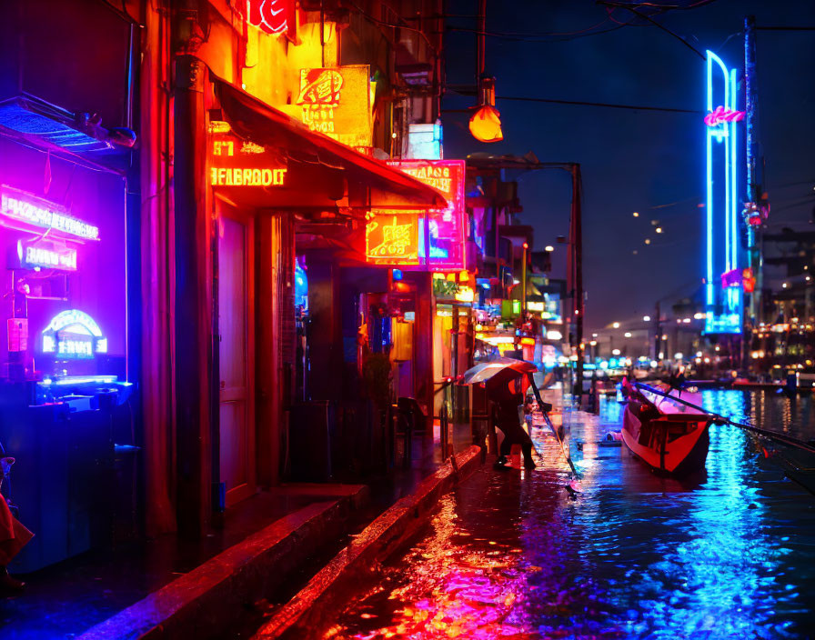 Colorful night cityscape with neon signs, boats on canal, and people with umbrellas