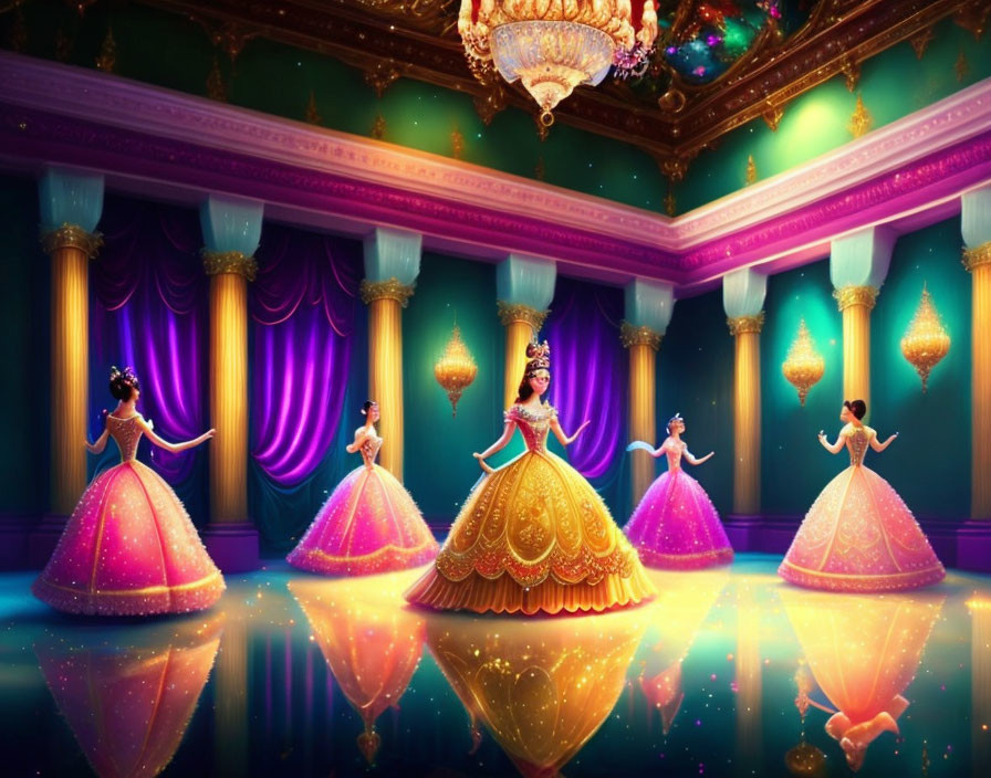 Five ballerinas in sparkling dresses perform in opulent, colorful hall with mirrored floor and grand ch