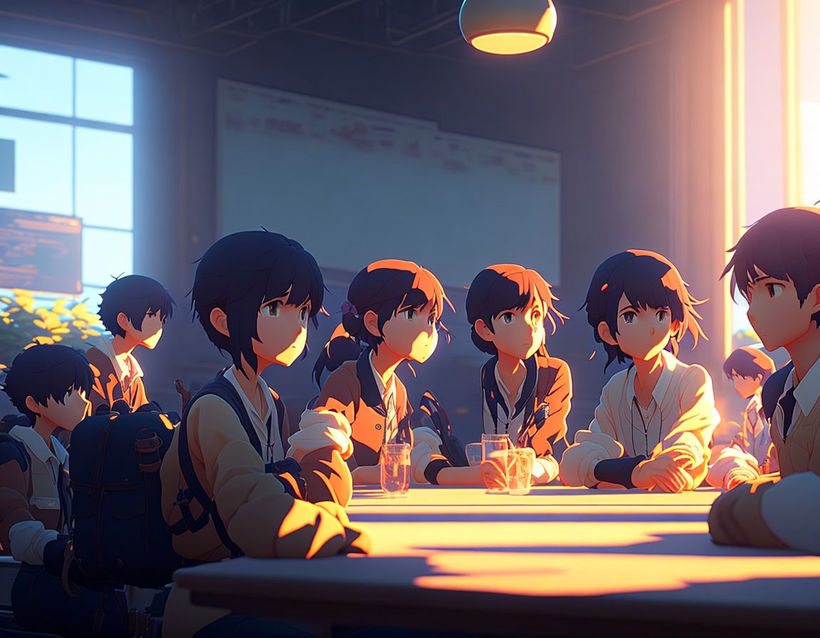 Sunlit classroom with students focused on presentation, girl in foreground looking at viewer.