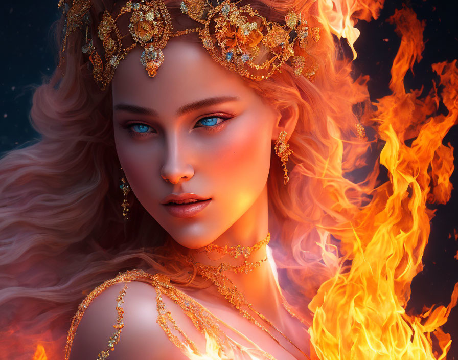 Digital portrait of woman with golden hair and blue eyes in ornate gold jewelry, surrounded by vibrant flames