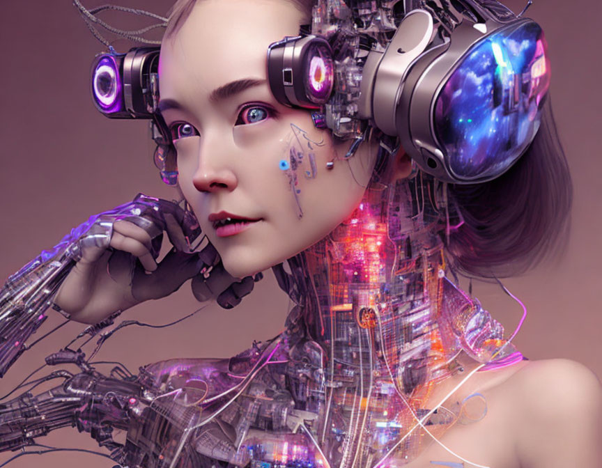 Futuristic female cyborg with mechanical neck detail and cosmic-themed goggles on pink background