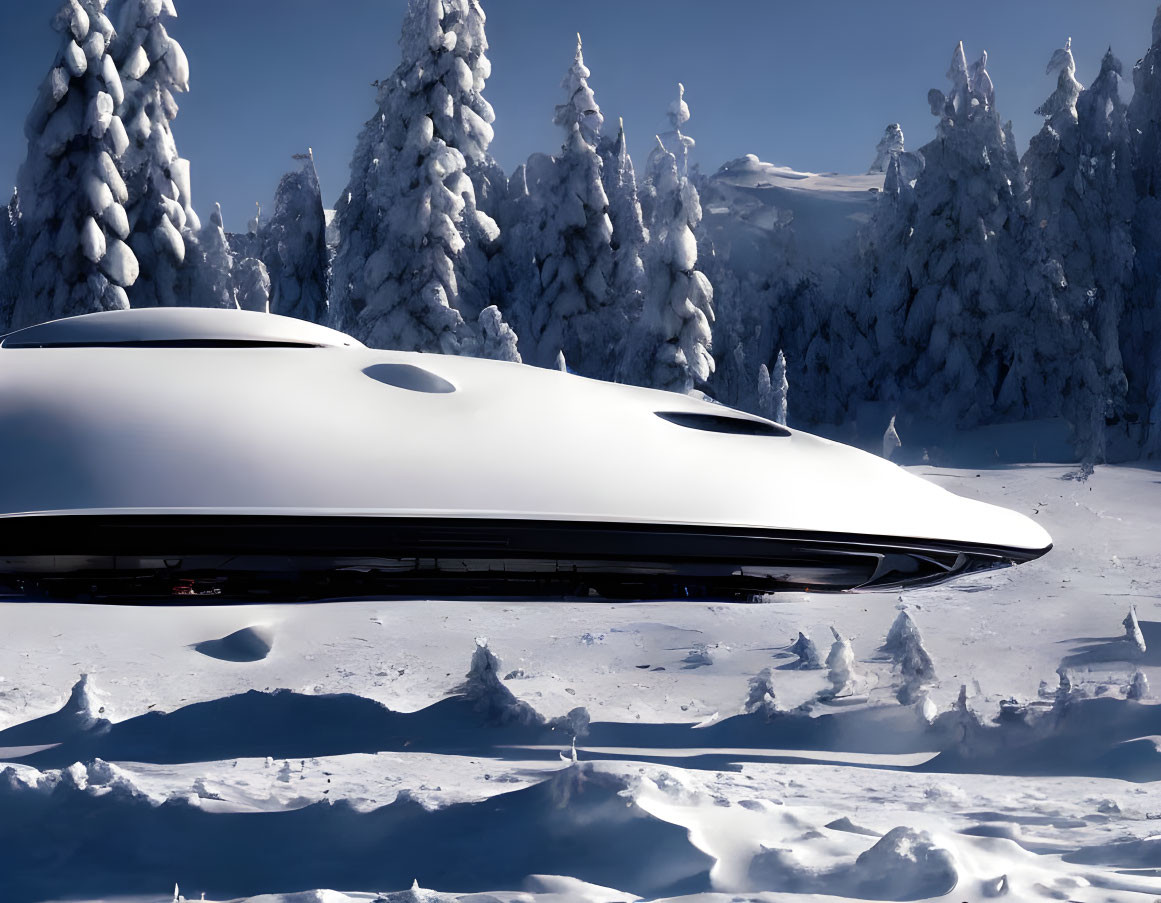 Futuristic vehicle on snow-covered landscape with pine trees under clear sky