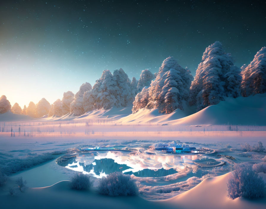 Snow-covered trees and icy pond in serene winter twilight