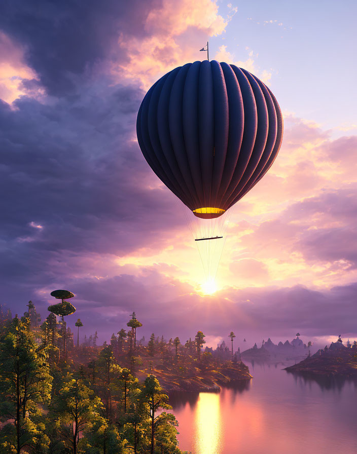 Hot air balloon floats at sunrise over serene lake with pine forests and mystical islands under purple sky