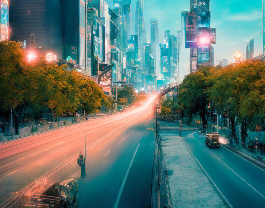 City street at dusk: vibrant lights, traffic trails, green trees, skyscrapers, blue sky