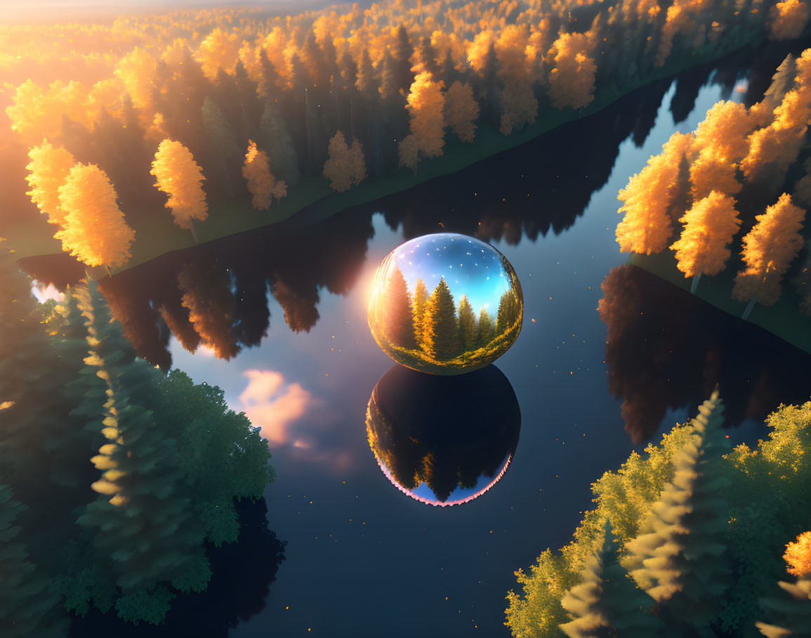 Tranquil river with reflective sphere under twilight sky