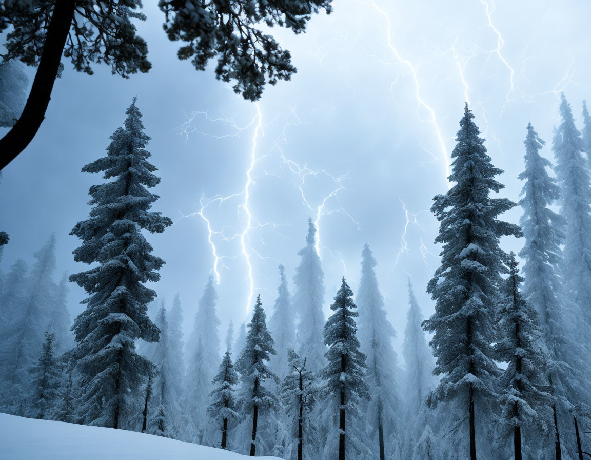 Snowy Forest with Towering Evergreens and Stormy Sky with Lightning Bolts