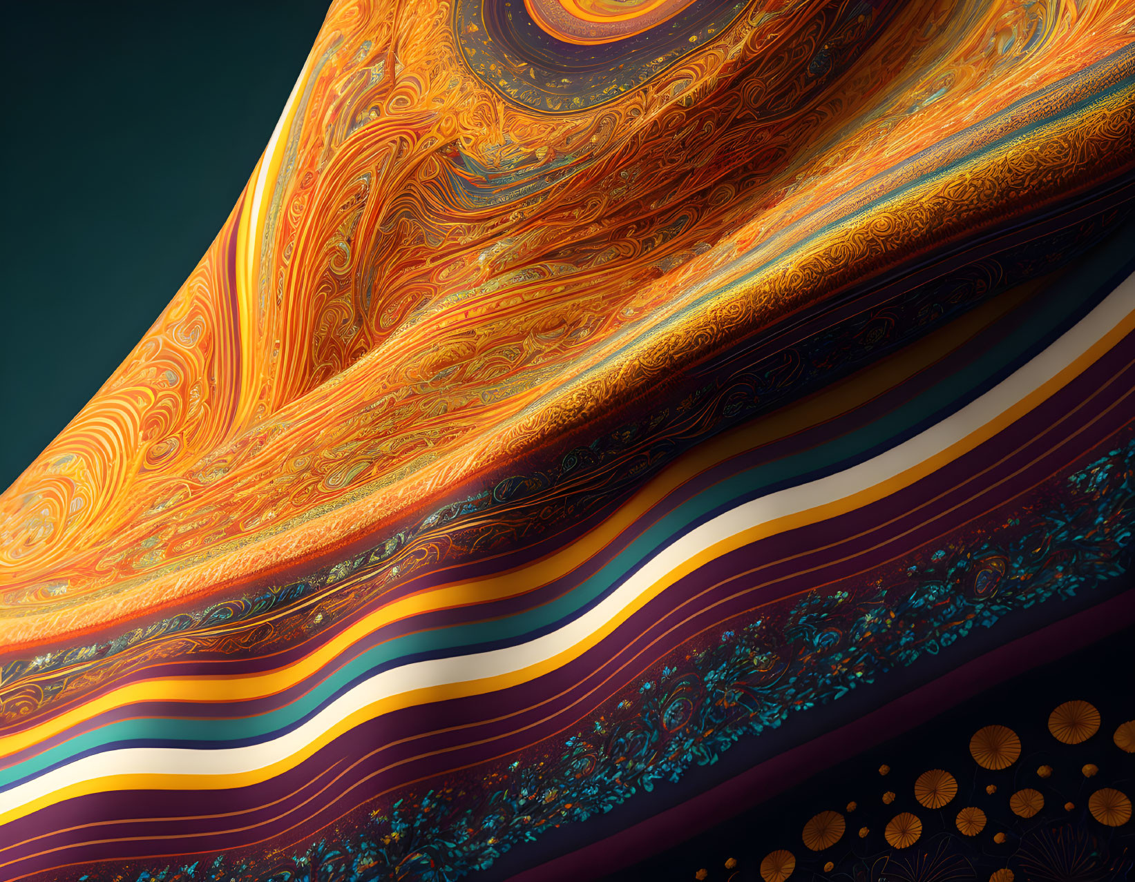 Colorful Abstract Art with Orange Swirls, Multicolored Stripes, and Gold Accents