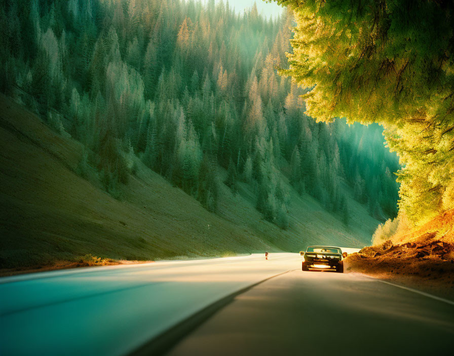 Sunlit road through pine forests at sunrise or sunset