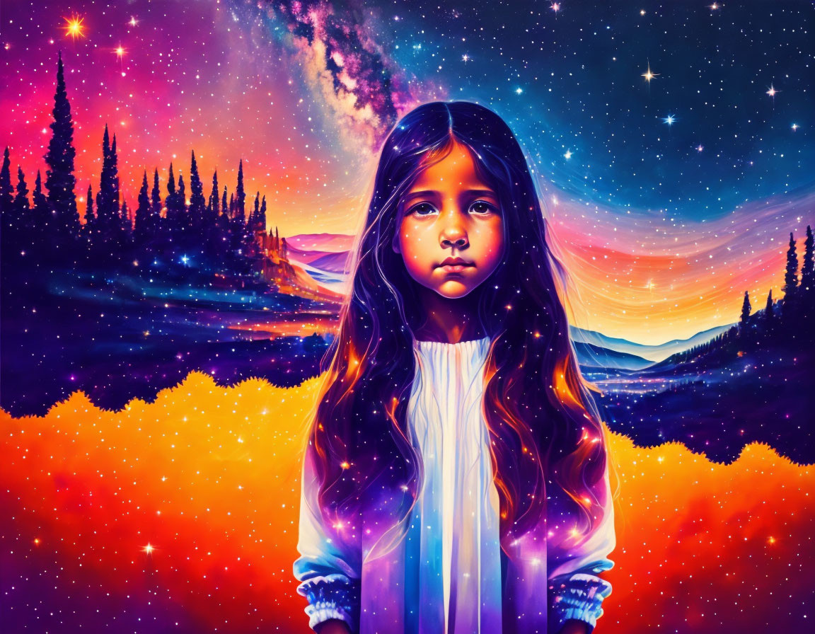 Young girl with flowing hair in cosmic landscape with stars, aurora, and sunset.