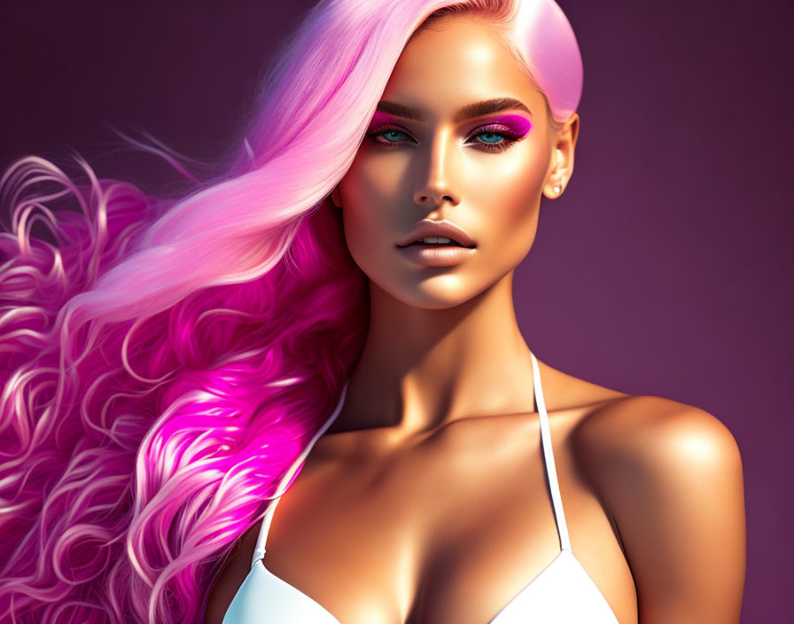 Digitally created woman with pink hair, blue eyes, and pink makeup on purple background