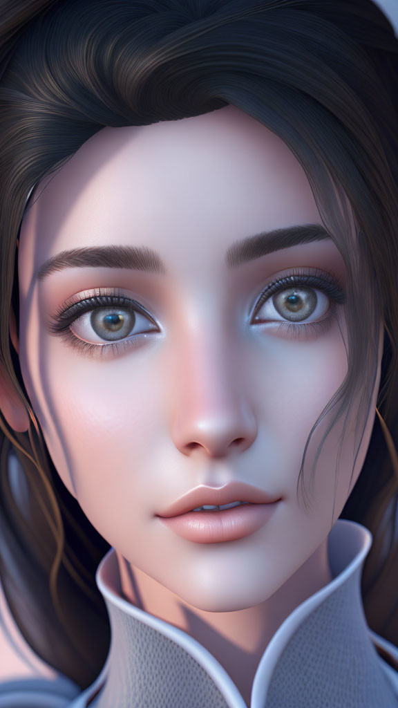 3D-animated female character with blue eyes, dark hair, fair skin, and white top