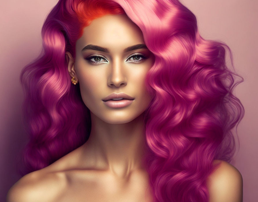 Vibrant portrait of woman with pink and orange ombre hair, flawless skin, and green