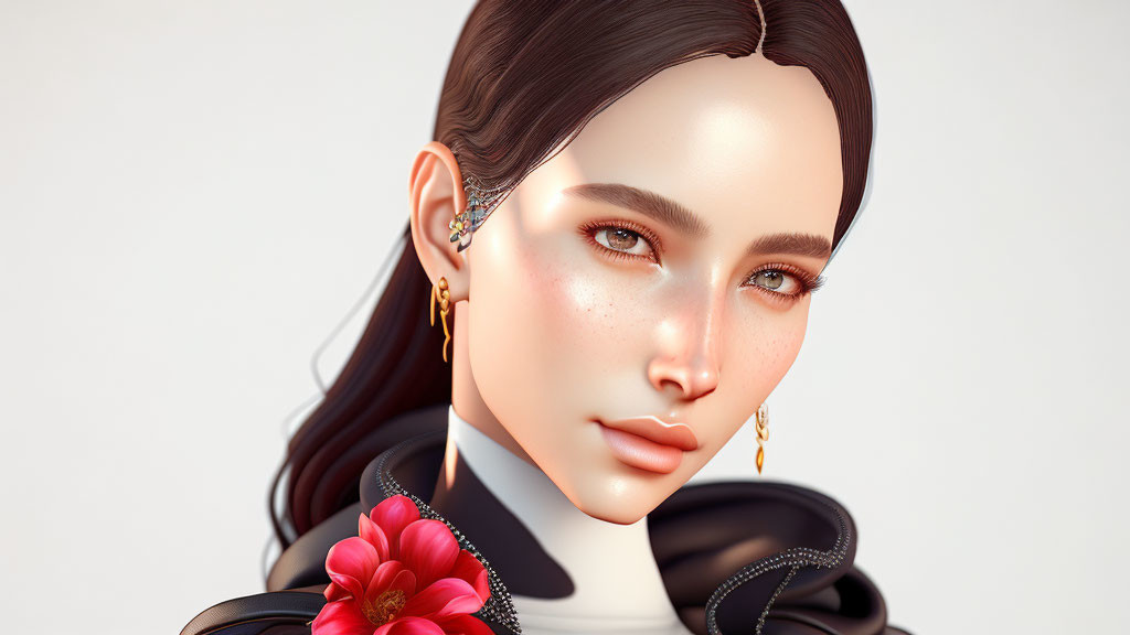 3D Rendered Image of Woman with Black Hair, Freckles, Gold Earrings, and