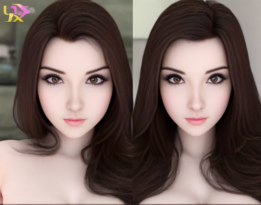 Two side-by-side portraits of a female figure with long brown hair and big brown eyes.