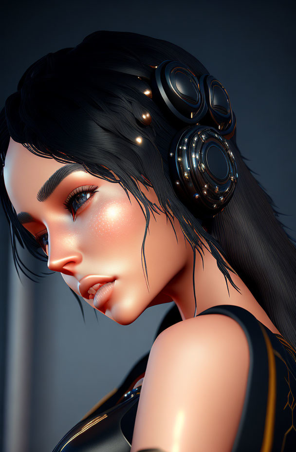 3D rendered portrait of woman with black hair and futuristic headphones