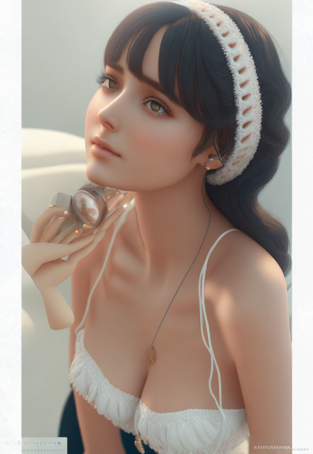 Digital artwork of woman with dark hair, white earphones, compact mirror, and white strap dress.