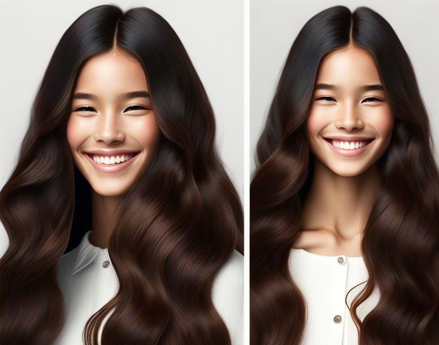 Two portraits of a smiling woman with long, wavy dark hair and different hairstyles and outfits.