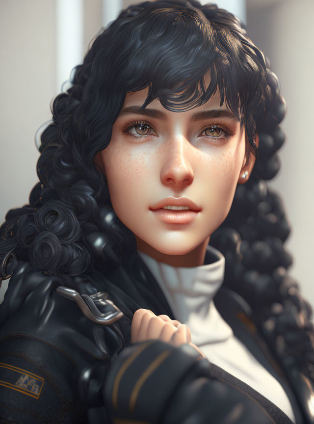 Digital artwork: Woman with curly black hair, freckles, white turtleneck, black jacket