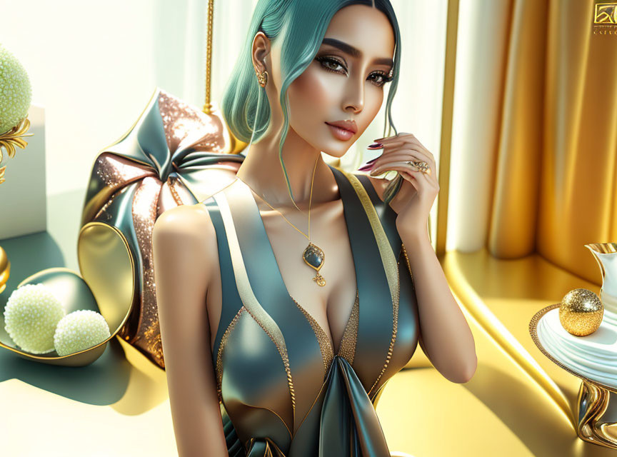 Animated female character with blue hair in deep V neck dress, surrounded by luxurious decor and golden accents