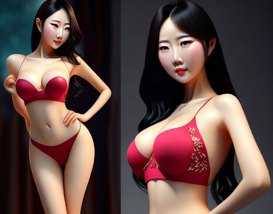 Illustration of woman with pale skin, long black hair, and red embellished bikini