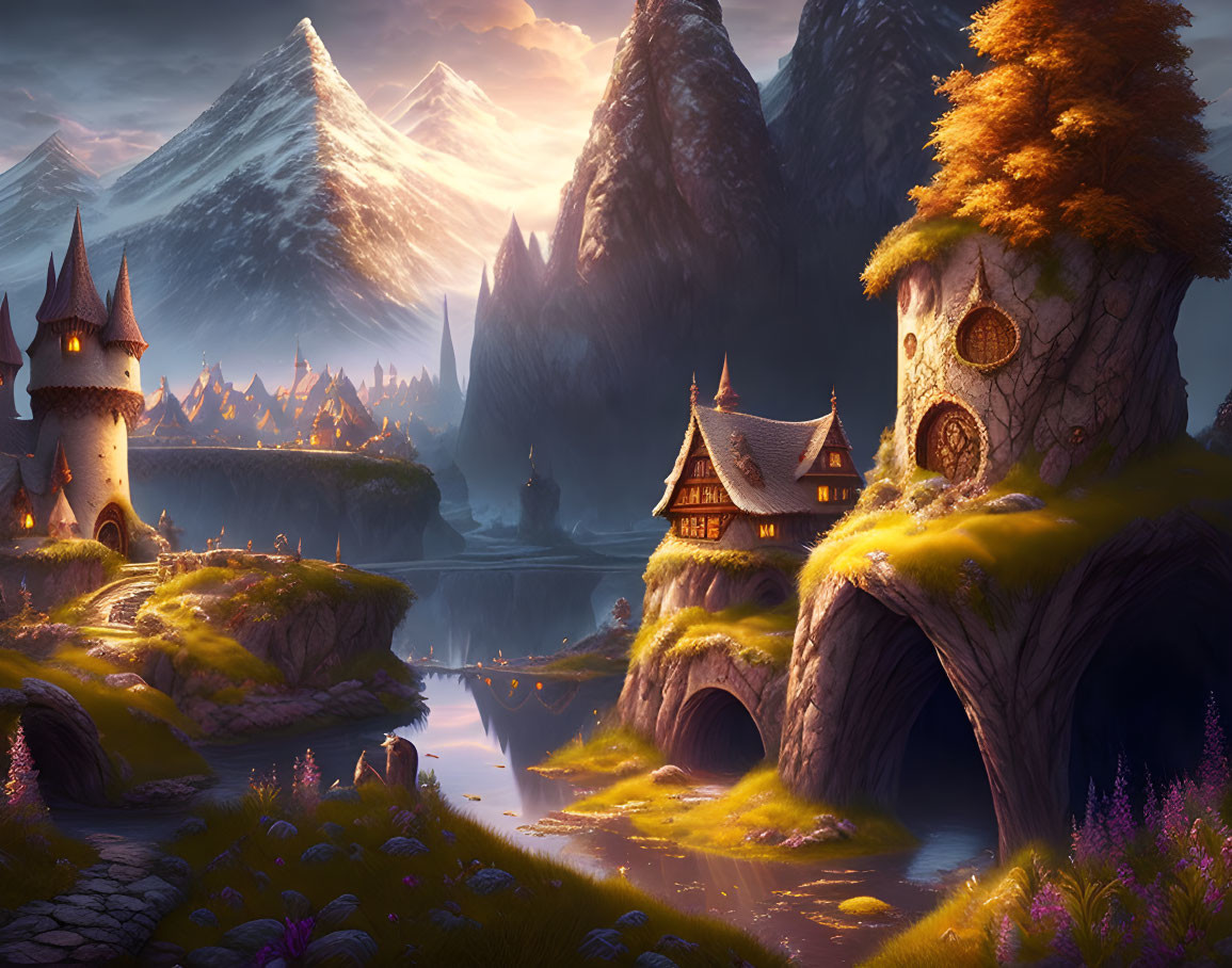 Fantasy landscape with castle, whimsical houses, river, flora, and mountains at sunset