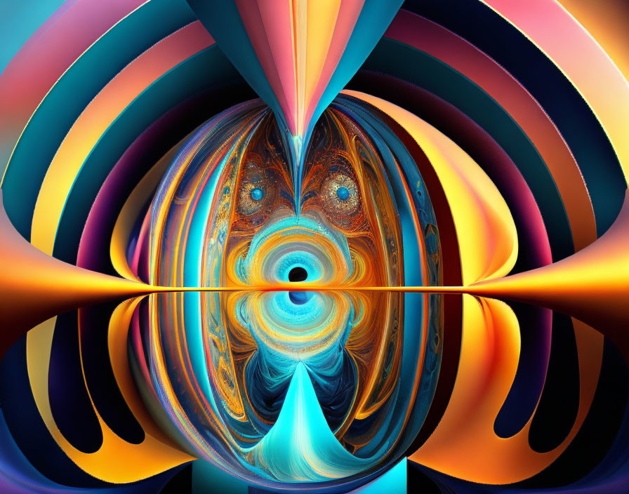 Symmetrical Abstract Fractal Art with Swirling Blue, Orange, and Pink Patterns