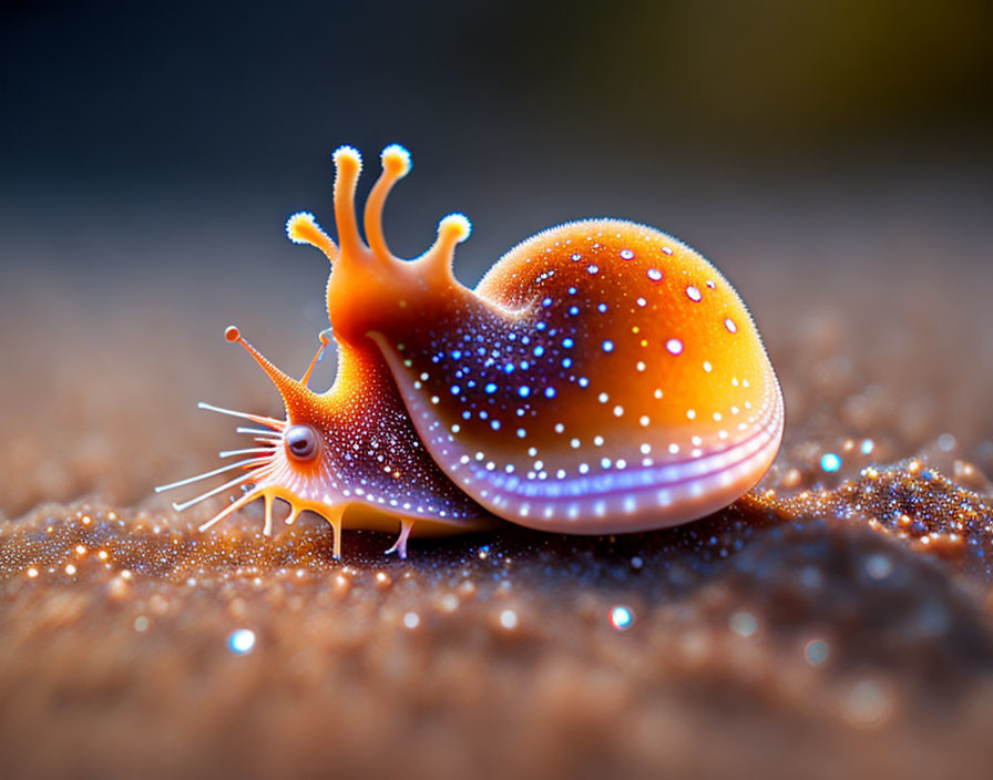 Colorful Fantasy Snail with Glowing Orange Shell on Blurred Background