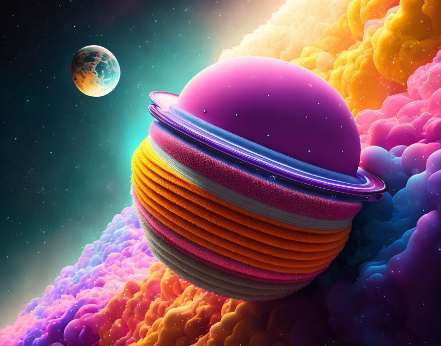 Vibrant digital artwork: Surreal multicolored planet with rings on cosmic backdrop