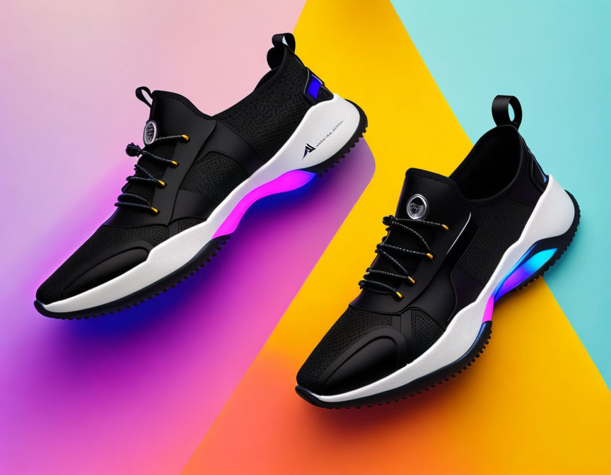 Stylish Black Sneakers with Blue and Purple Accent Lights on Vibrant Geometric Background