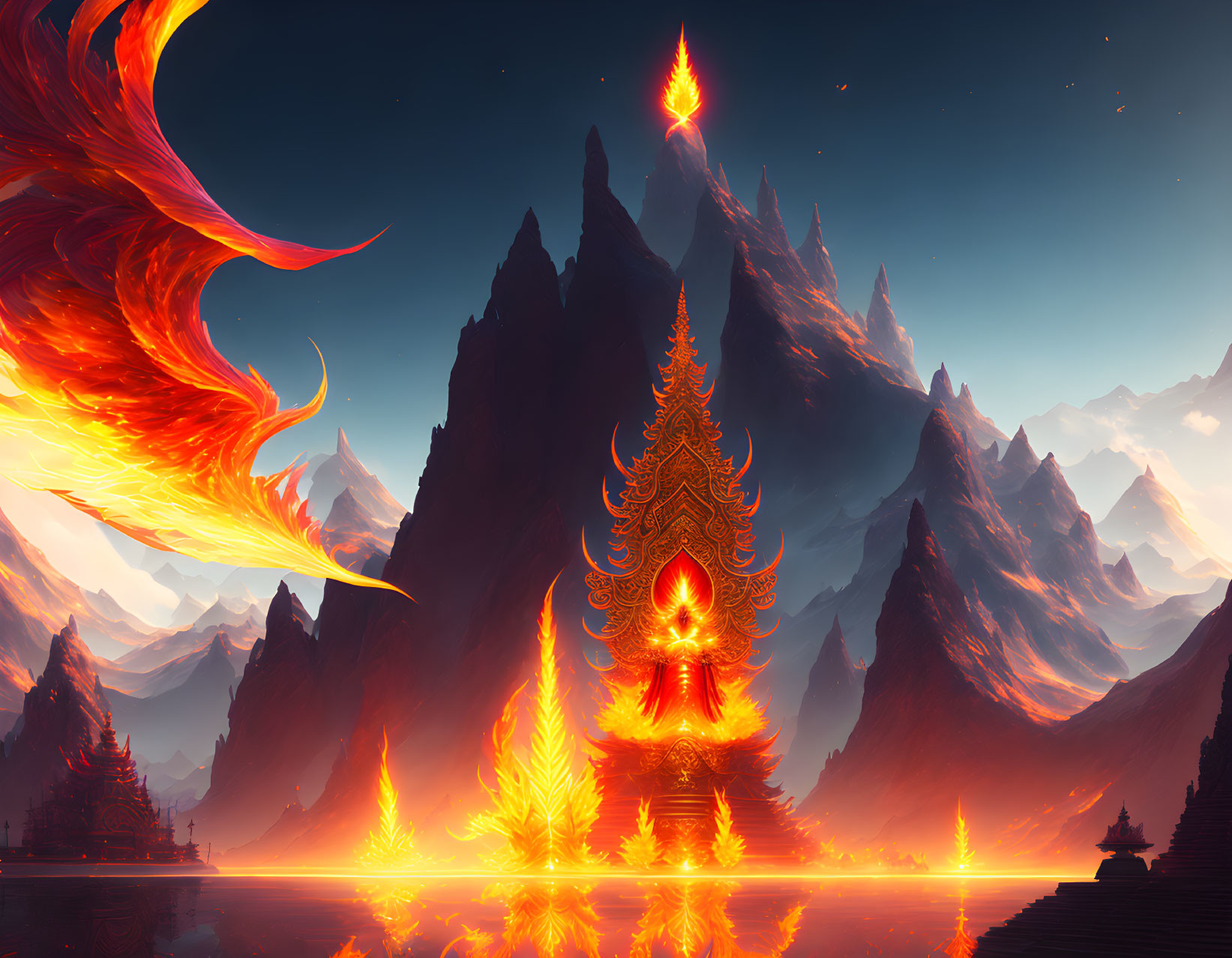 Fantastical landscape with fiery phoenix, ornate tree, and mountains under red sky