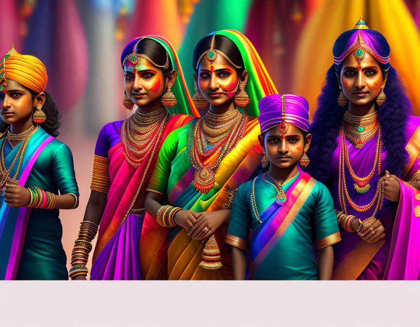 Five People in Traditional Indian Attire with Vibrant Colors