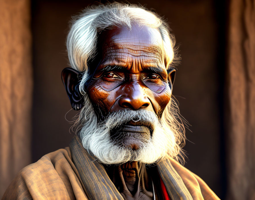 Elderly man with white beard, deep-set eyes, traditional clothing, and ear piercings