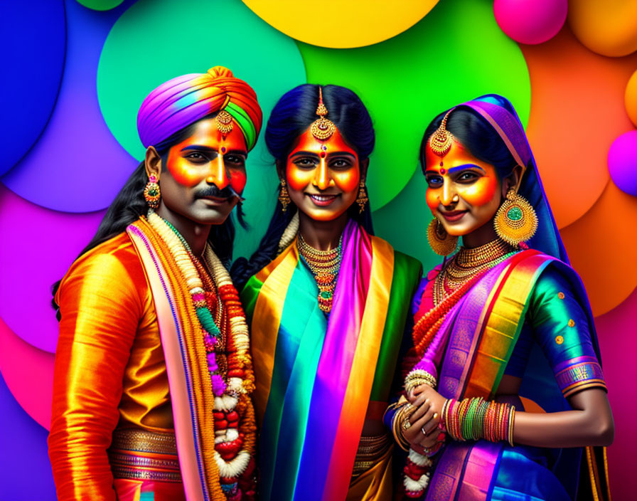 Three individuals in traditional Indian attire with elaborate jewelry against colorful circular backdrop