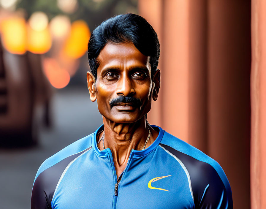 Middle-aged man in blue Nike sports shirt with mustache, standing confidently.