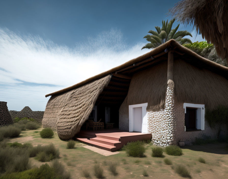 Unique Thatched-Roof House with Stone Chimney in Tranquil Landscape